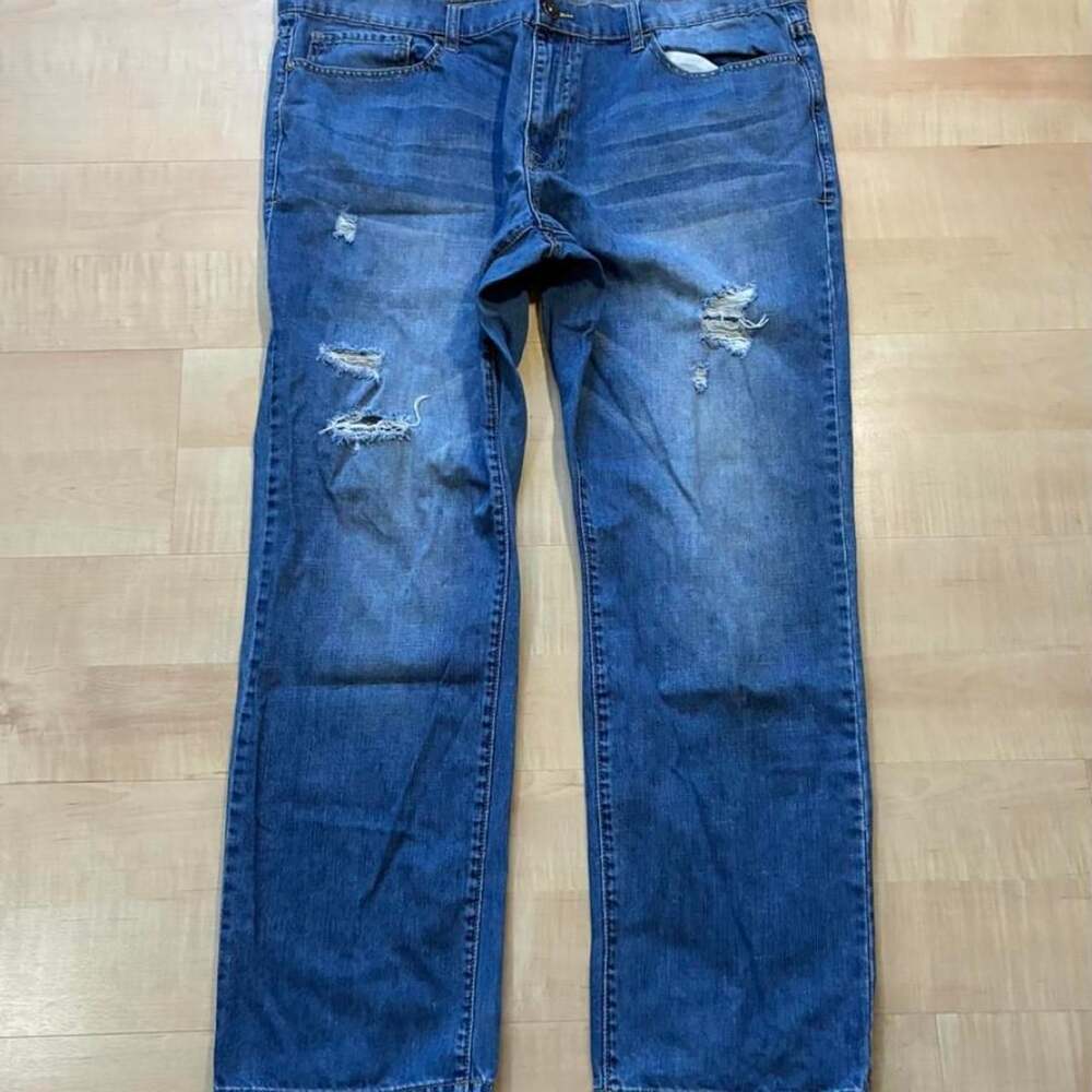 Fresh Groove Co Baggy Straight Jeans Size 42 Blue Distressed Y2K